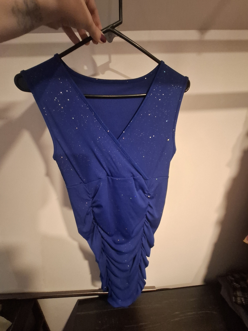 Blue Sleeveless Ruched V-Neck Dress with Sparkle NWOT